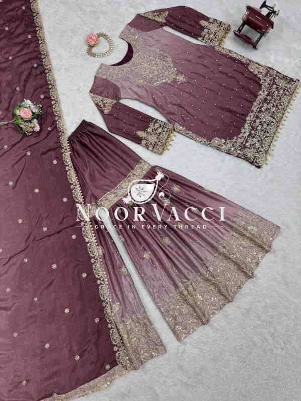 Chinon Silk Sharara Plazo Set with Rivet Moti & Sequin Embroidery - Image 7