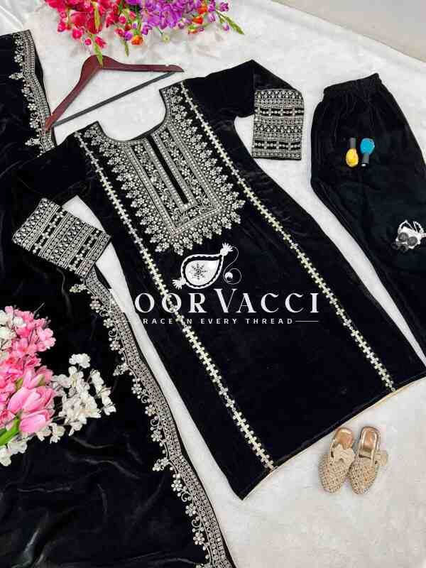 Velvet Embroidered Party Wear Set - Image 4