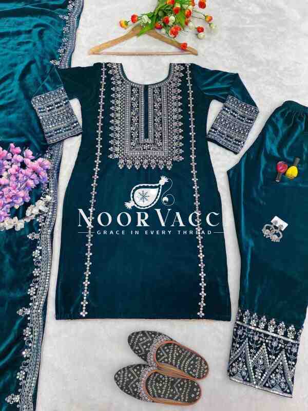 Velvet Embroidered Party Wear Set - Image 4