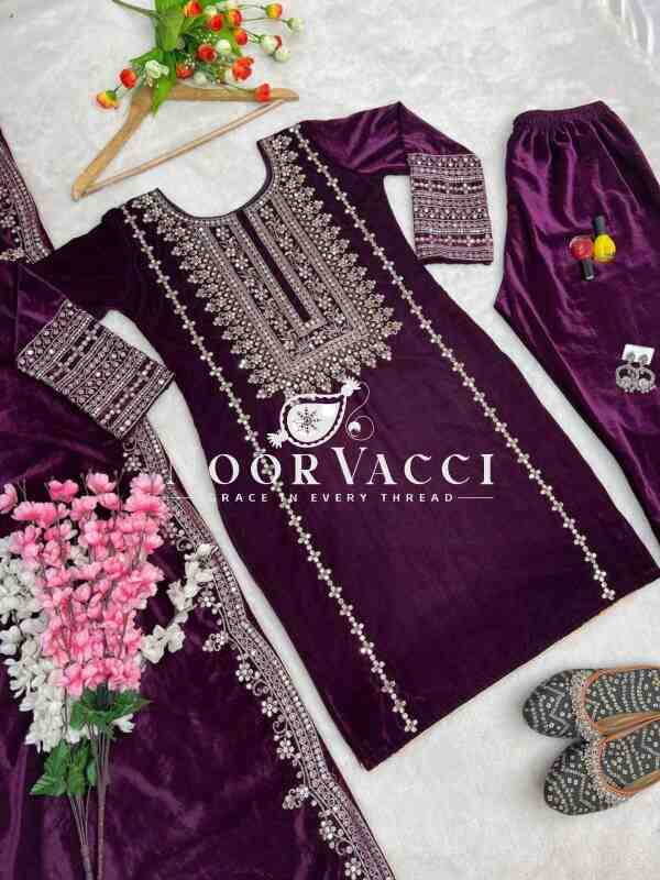 Velvet Embroidered Party Wear Set - Image 3
