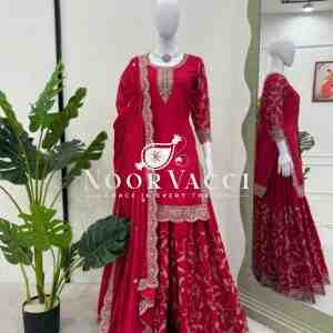 Chinon Silk Top with Foux Gorgette Plazo and Chinon Silk Dupatta