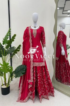 Buy Chinon Silk Top with Foux Gorgette Plazo and Chinon Silk Dupatta