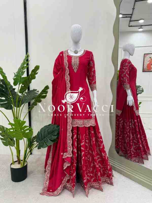 Chinon Silk Top with Foux Gorgette Plazo and Chinon Silk Dupatta