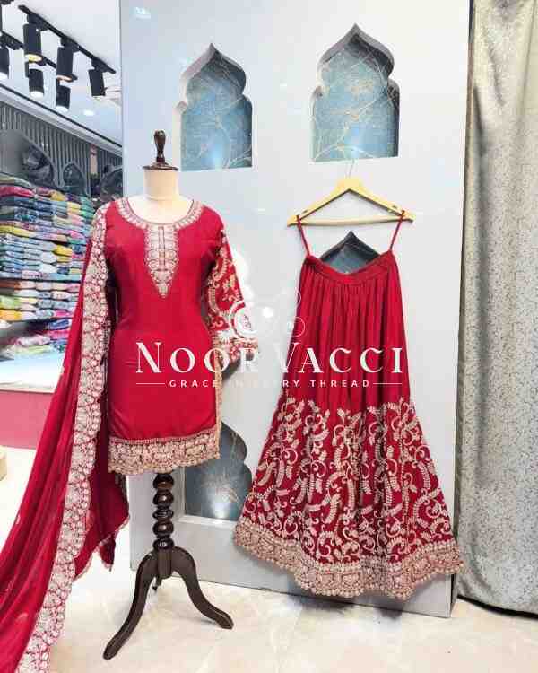 Chinon Silk Top with Foux Gorgette Plazo and Chinon Silk Dupatta - Image 2