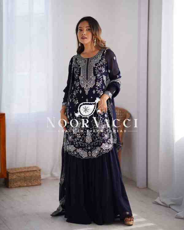 Faux Georgette Sharara Set with Thread & Sequin Embroidery - Image 3