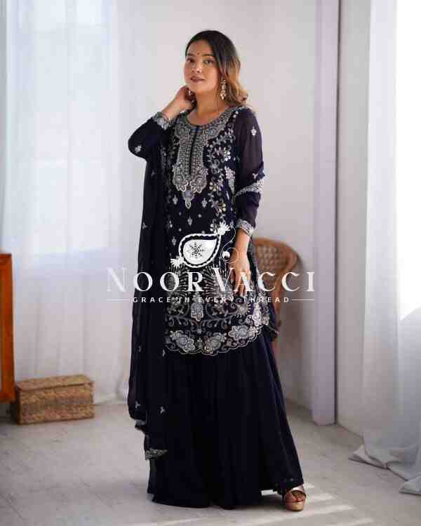 Faux Georgette Sharara Set with Thread & Sequin Embroidery - Image 4