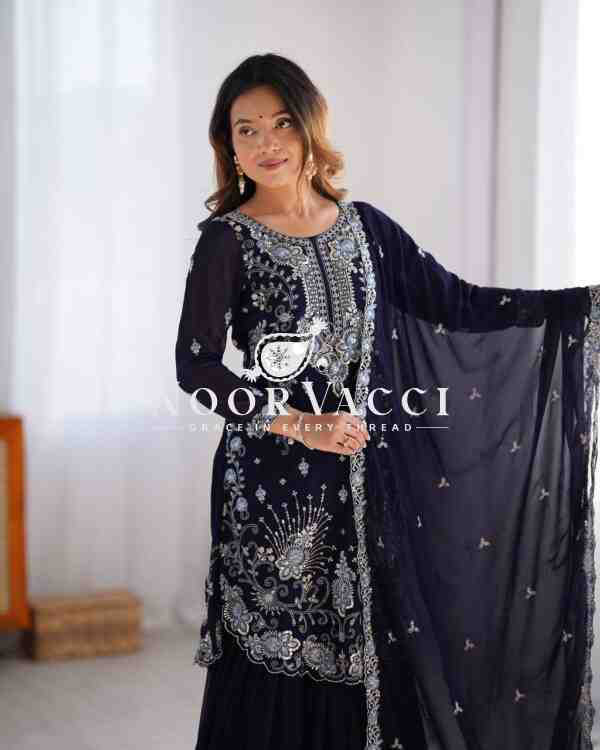 Faux Georgette Sharara Set with Thread & Sequin Embroidery - Image 2