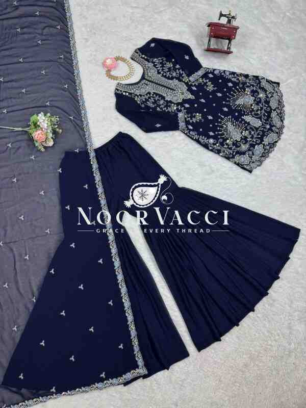 Faux Georgette Sharara Set with Thread & Sequin Embroidery - Image 9