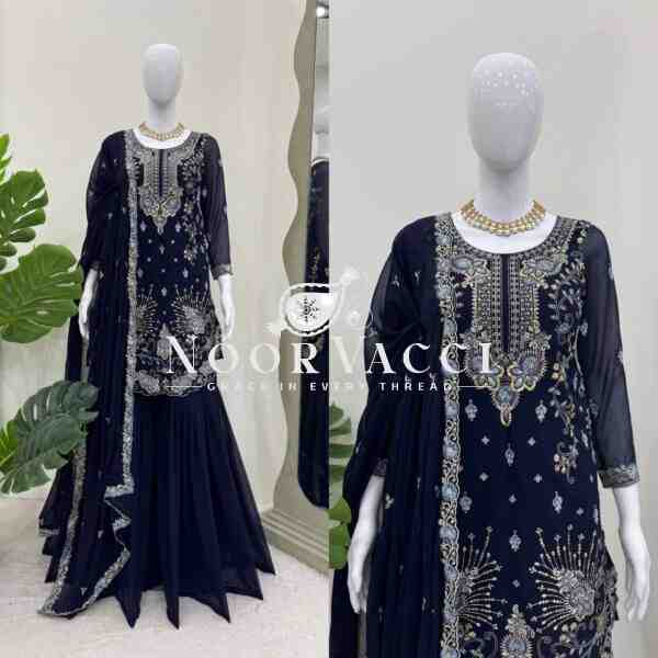 Faux Georgette Sharara Set with Thread & Sequin Embroidery - Image 7