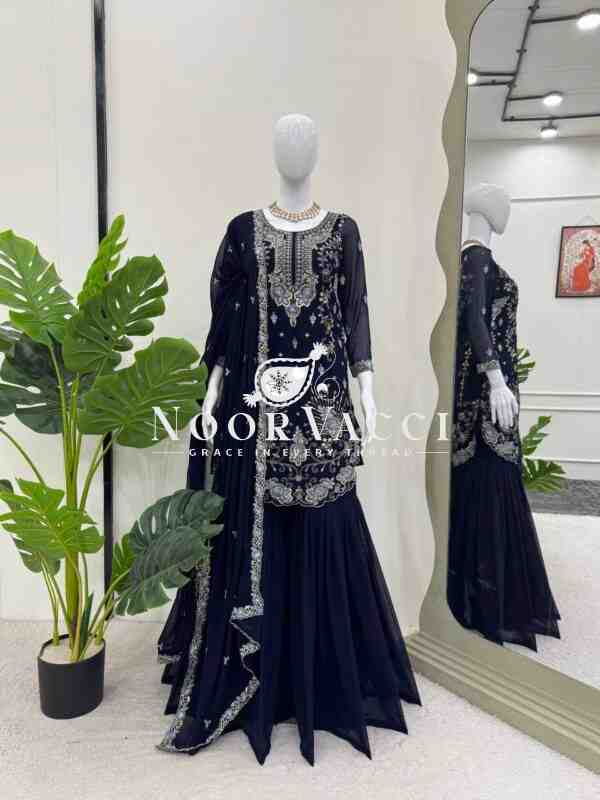 Faux Georgette Sharara Set with Thread & Sequin Embroidery - Image 8