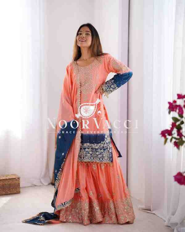 Chinon Silk Plazo Set with Dori, Sequin & Rivet Moti Embroidery - Image 2