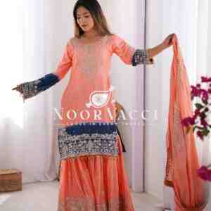Chinon Silk Plazo Set with Dori, Sequin & Rivet Moti Embroidery