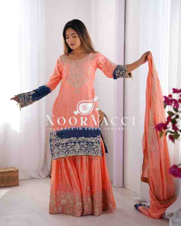 Chinon Silk Plazo Set with Dori, Sequin & Rivet Moti Embroidery