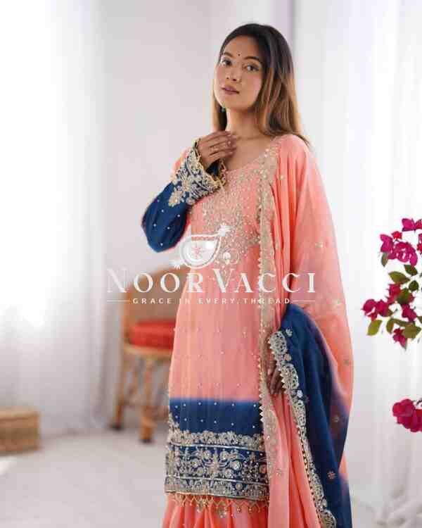 Chinon Silk Plazo Set with Dori, Sequin & Rivet Moti Embroidery - Image 3