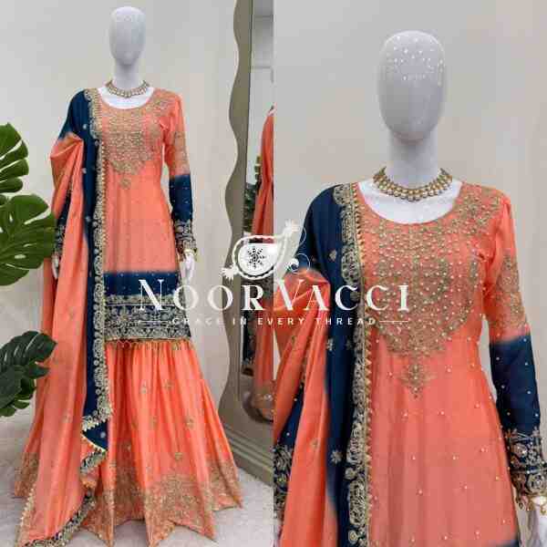 Chinon Silk Plazo Set with Dori, Sequin & Rivet Moti Embroidery - Image 9