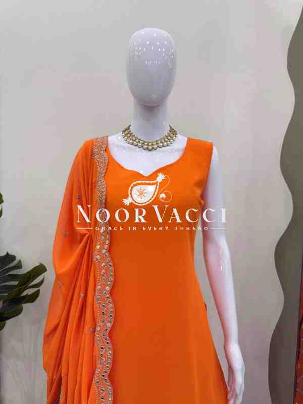 Foux Gorgette Embroidered Top and Plazo Set with Dupatta - Image 6