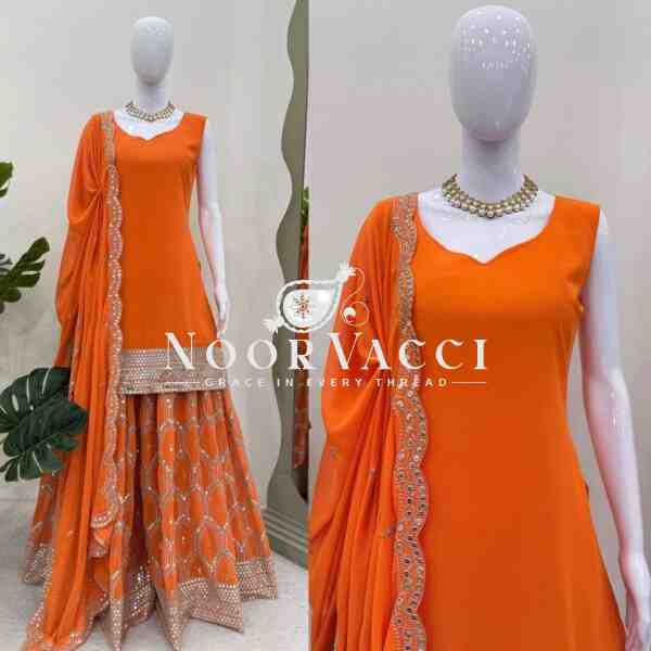 Foux Gorgette Embroidered Top and Plazo Set with Dupatta - Image 5