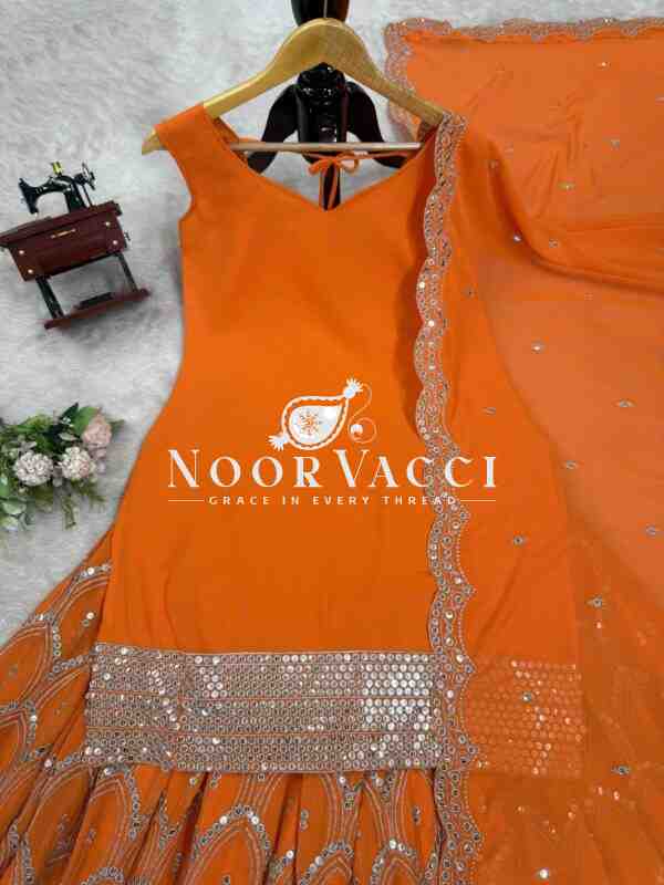Foux Gorgette Embroidered Top and Plazo Set with Dupatta - Image 7