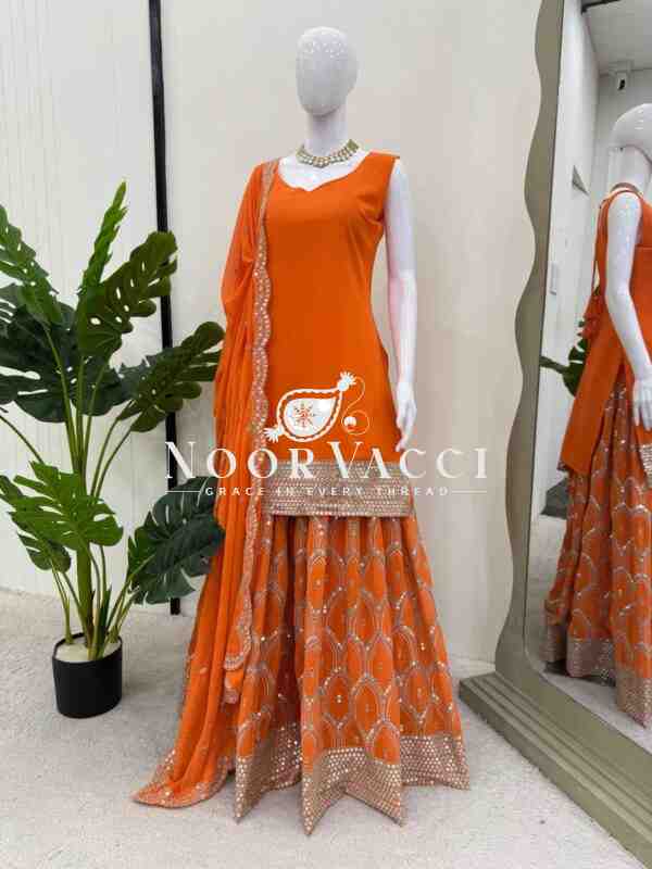 Foux Gorgette Embroidered Top and Plazo Set with Dupatta - Image 4