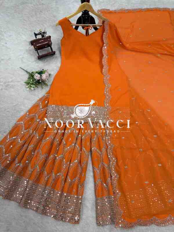 Foux Gorgette Embroidered Top and Plazo Set with Dupatta - Image 10