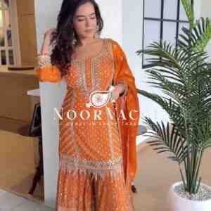 Foux Gorgette Embroidered Top and Sharara Set with Dupatta