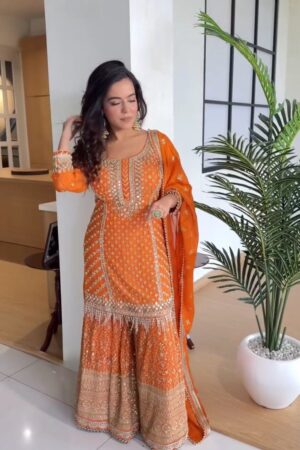 Shop Foux Gorgette Embroidered Top and Sharara Set with Dupatta