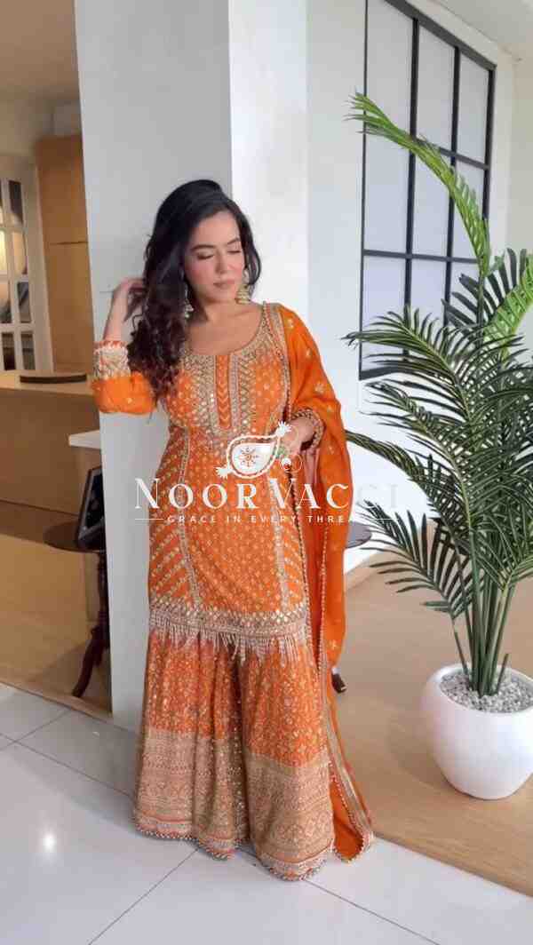Foux Gorgette Embroidered Top and Sharara Set with Dupatta