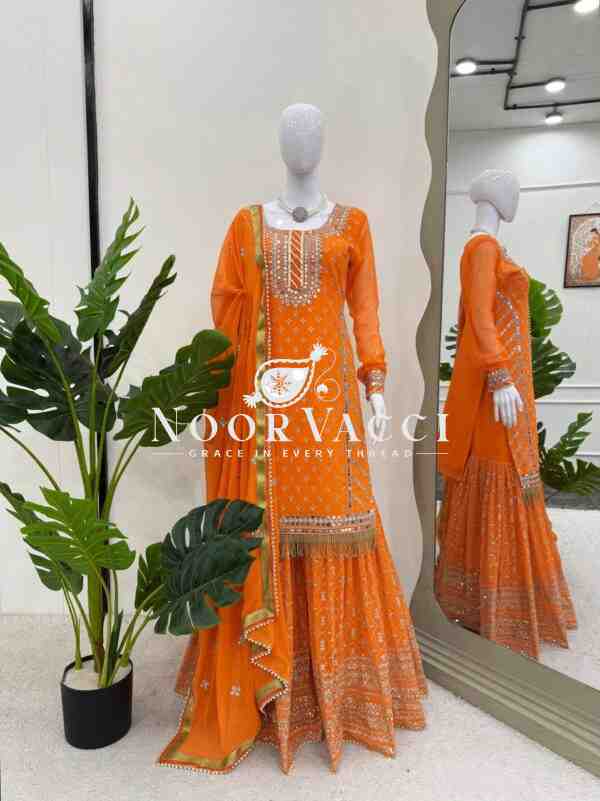 Foux Gorgette Embroidered Top and Sharara Set with Dupatta - Image 2