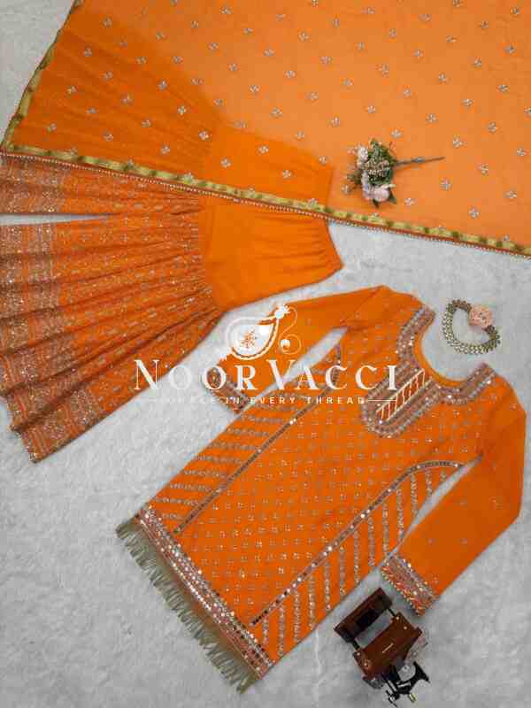 Foux Gorgette Embroidered Top and Sharara Set with Dupatta - Image 4