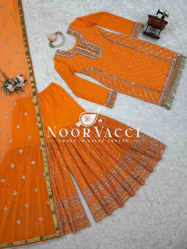 Foux Gorgette Embroidered Top and Sharara Set with Dupatta - Image 5