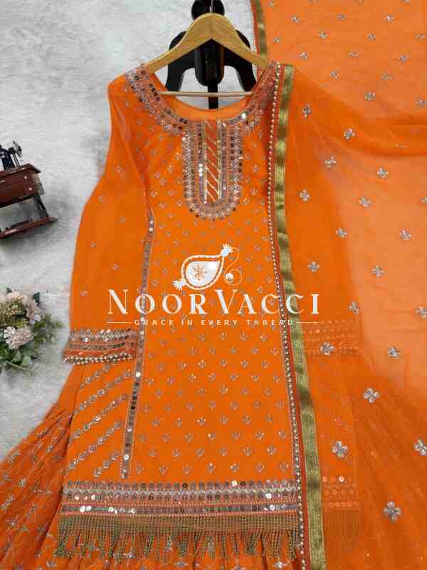 Foux Gorgette Embroidered Top and Sharara Set with Dupatta - Image 6