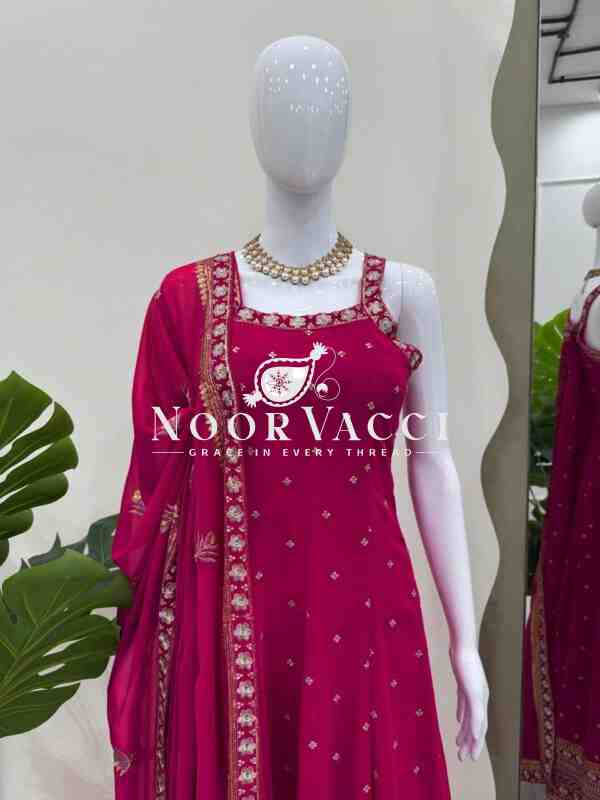 Foux Gorgette Embroidered Top with Dupatta Featuring Lace Border - Image 2