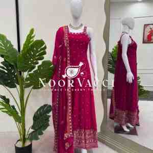 Foux Gorgette Embroidered Top with Dupatta Featuring Lace Border
