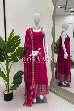 Buy Foux Gorgette Embroidered Top with Dupatta Featuring Lace Border