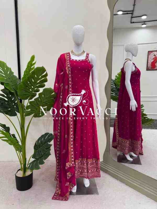Foux Gorgette Embroidered Top with Dupatta Featuring Lace Border