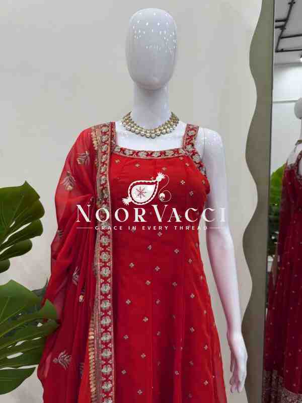Foux Gorgette Embroidered Top with Dupatta Featuring Lace Border - Image 2