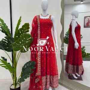 Foux Gorgette Embroidered Top with Dupatta Featuring Lace Border