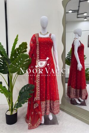 Buy Foux Gorgette Embroidered Top with Dupatta Featuring Lace Border