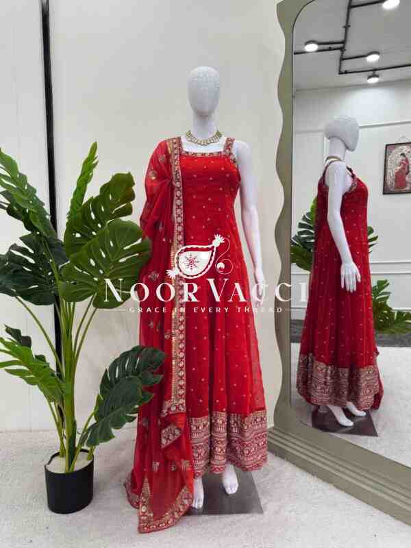 Foux Gorgette Embroidered Top with Dupatta Featuring Lace Border