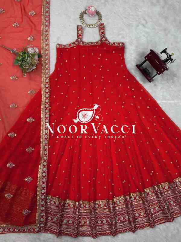 Foux Gorgette Embroidered Top with Dupatta Featuring Lace Border - Image 3
