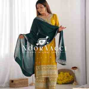 Chinon Silk Heavy Embroidered Top-Bottom Set with Dupatta