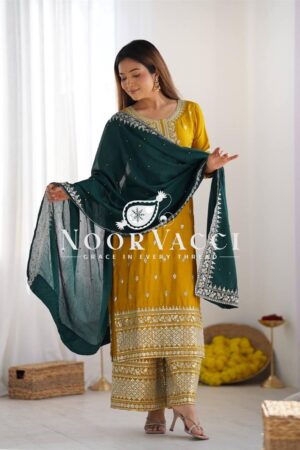 Shop Chinon Silk Heavy Embroidered Top-Bottom Set with Dupatta