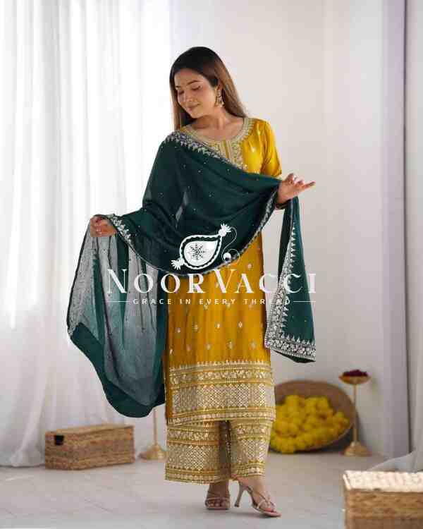 Chinon Silk Heavy Embroidered Top-Bottom Set with Dupatta