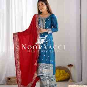 Chinon Silk Heavy Embroidered Top-Bottom Set with Dupatta