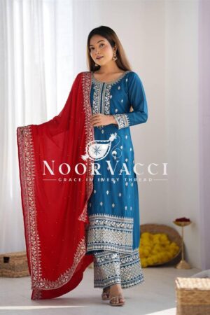 Shop Chinon Silk Heavy Embroidered Top-Bottom Set with Dupatta