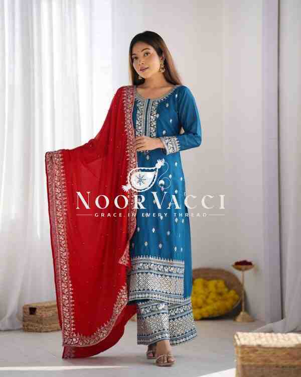 Chinon Silk Heavy Embroidered Top-Bottom Set with Dupatta