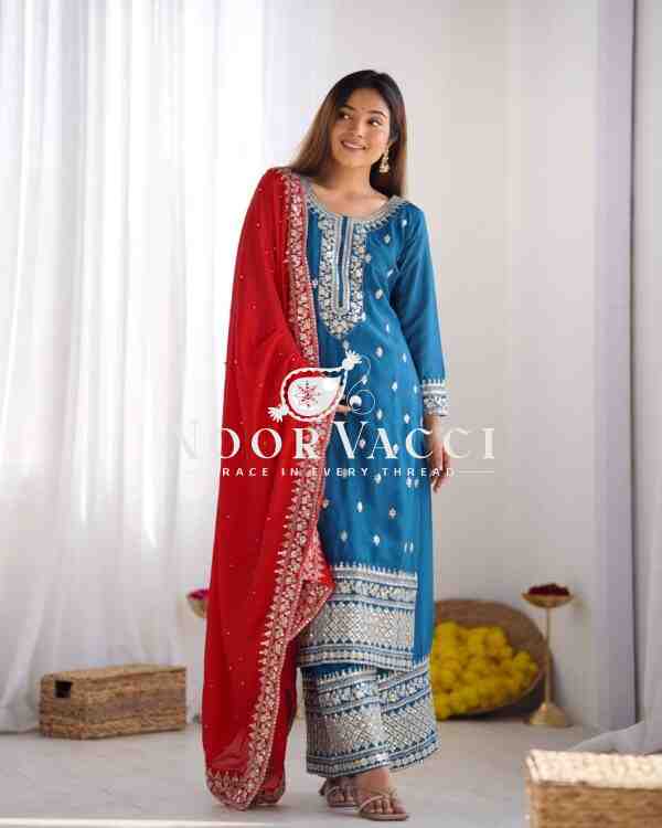 Chinon Silk Heavy Embroidered Top-Bottom Set with Dupatta - Image 2