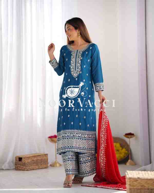 Chinon Silk Heavy Embroidered Top-Bottom Set with Dupatta - Image 5