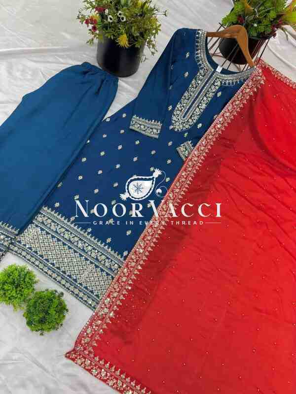 Chinon Silk Heavy Embroidered Top-Bottom Set with Dupatta - Image 7