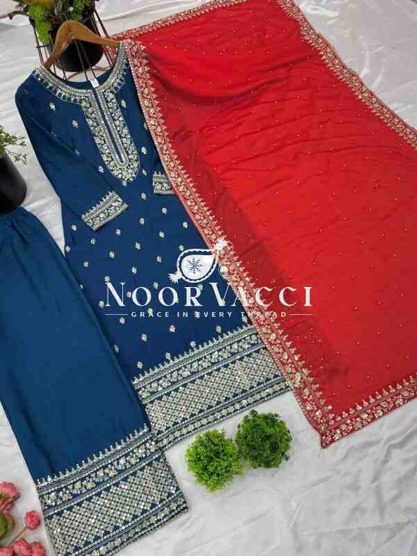 Chinon Silk Heavy Embroidered Top-Bottom Set with Dupatta - Image 8